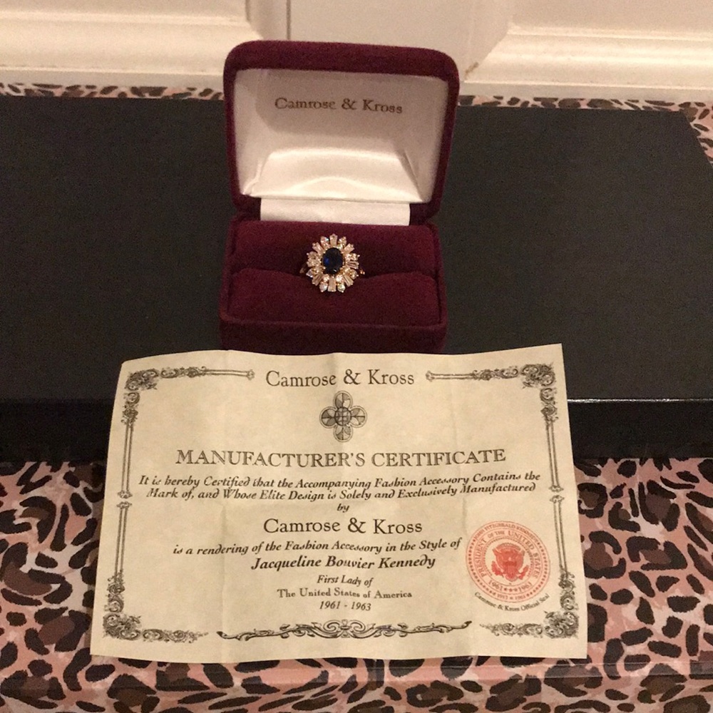 Camrose & Kross Jackie Kennedy Gold Ring with Simulated Sapphire and Diamonds